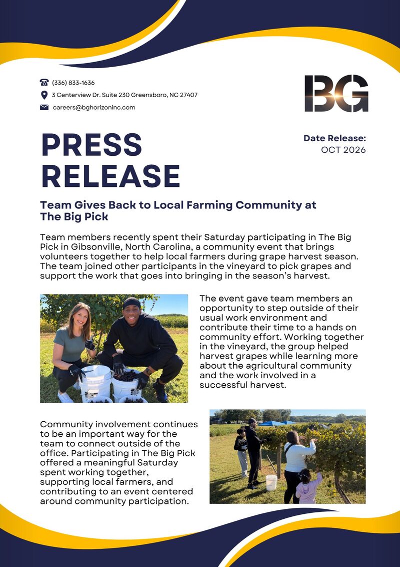BG Horizon press release flyer: Team Gives Back to Local Farming Community at The Big Pick